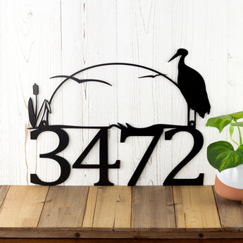 4 digit metal house number sign with heron and cattails, in matte black powder coat