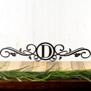 D Monogram metal sign with scrolls and vines, in matte black powder coat