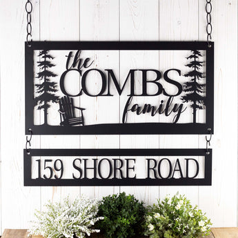 Rectangular family name and address metal sign with adirondack chair, in matte black powder coat