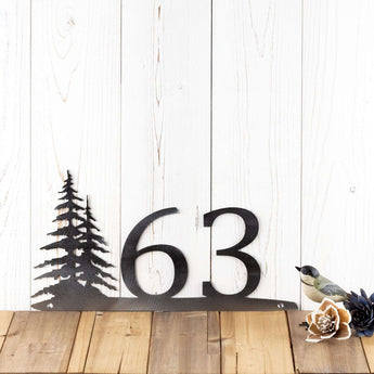 2 digit metal house number sign with pine trees, in raw steel.