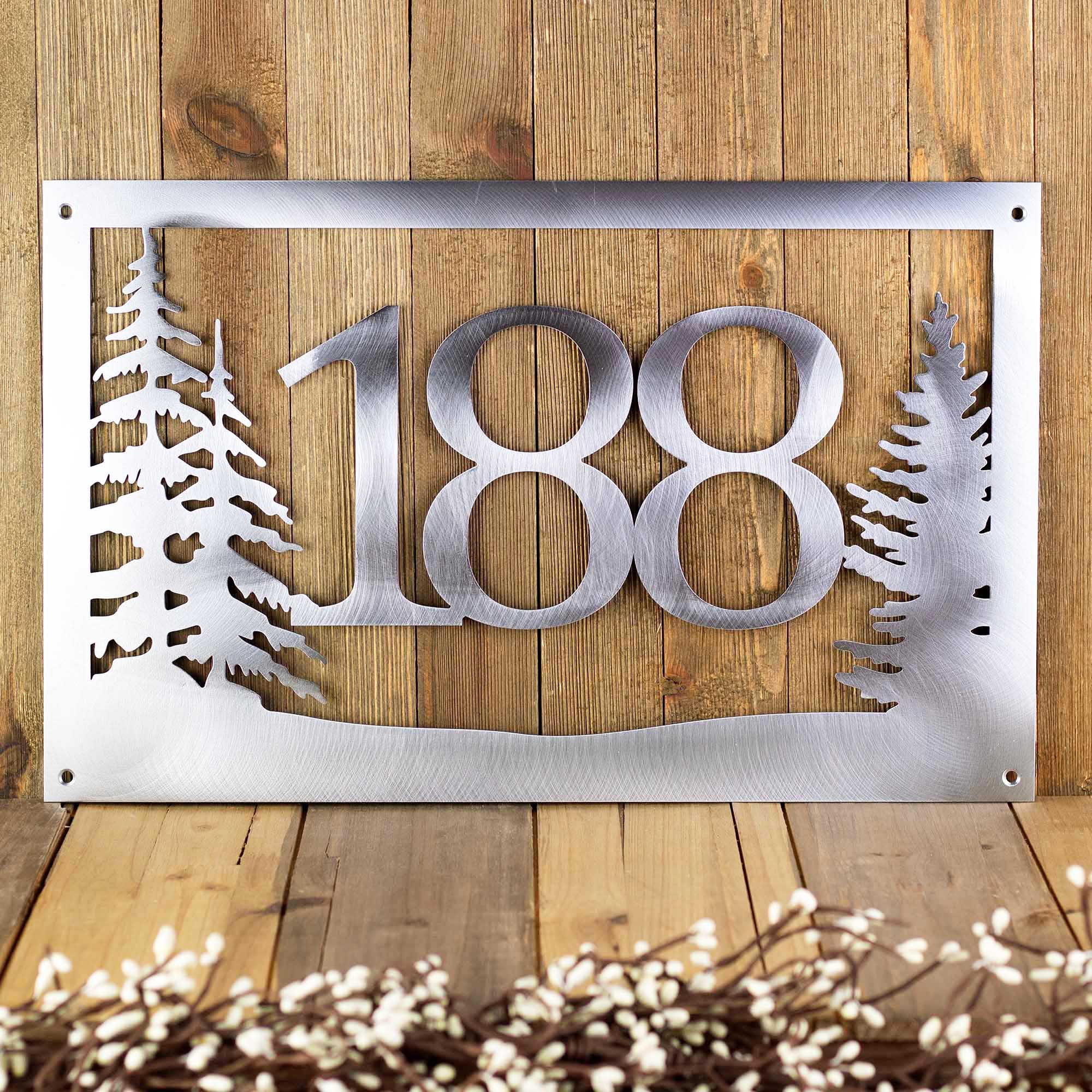 Metal House Number Rectangular Sign with Pine Trees – Refined Inspirations