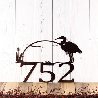 3 digit metal house number sign with heron and cattails, in copper vein powder coat. 