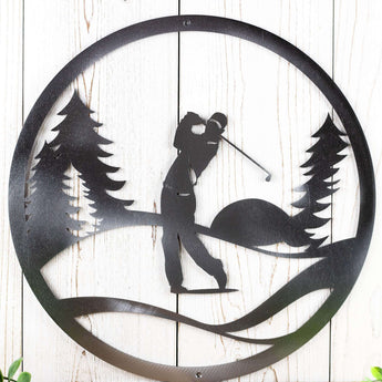 Close up of male golfer on our circular golf metal wall decor, in raw steel.