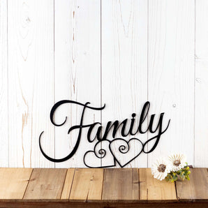 Family metal sign with two hearts, in matte black powder coat. 