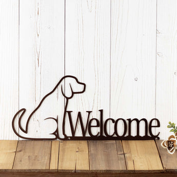 Dog Welcome metal wall art, with Labrador dog silhouette, in copper vein powder coat. 