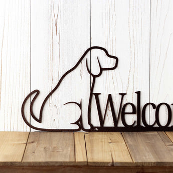 Close up of Labrador dog silhouette on our welcome metal plaque, in copper vein powder coat. 