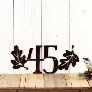 2 digit metal house number sign with oak leaves, in copper vein powder coat. 