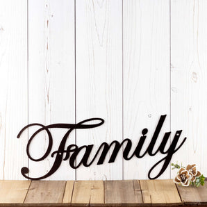 Metal family sign with script writing, in copper vein powder coat.