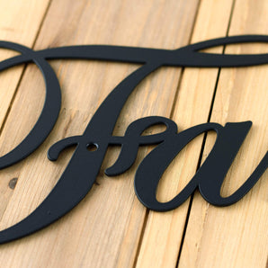 Close up of matte black powder coat on our metal family sign. 