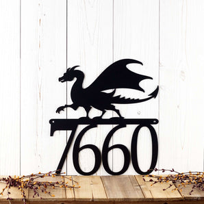 4 digit metal house number sign with a dragon silhouette, in matte black powder coat.