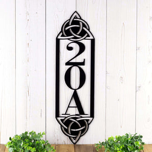 Metal 3 digit vertical house number sign with Celtic knots, in matte black powder coat.