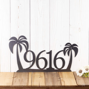 4 digit metal house number sign with palm trees, in silver vein powder coat. 