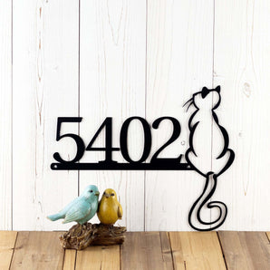 4 digit metal house number sign with cat silhouette, in matte black powder coat. 