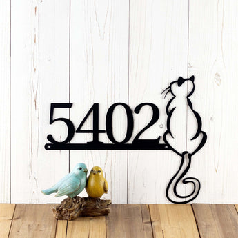 4 digit metal house number sign with cat silhouette, in matte black powder coat. 
