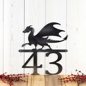 2 digit metal house number sign with a dragon silhouette, in raw steel.