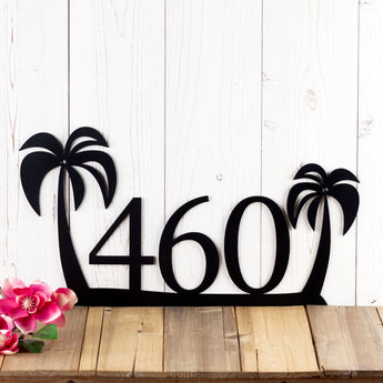 3 digit metal house number sign with tropical palm trees, in matte black powder coat.