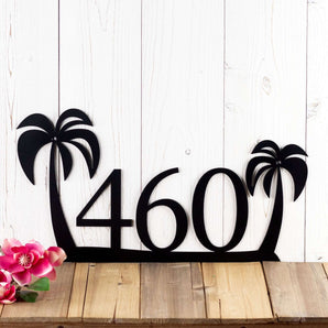 3 digit metal house number sign with palm trees on our matte black powder coat.