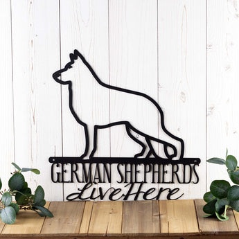 German Shepherds Live Here metal wall art, in matte black powder coat.