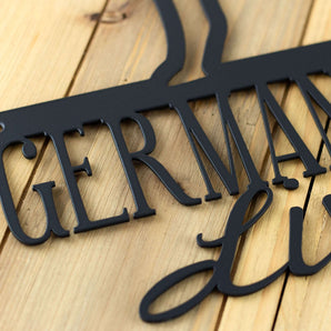 Close up of matte black powder coat on our German Shepherds Live Here metal wall art.
