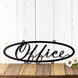 Hanging oval office metal plaque with script lettering, in matte black powder coat.