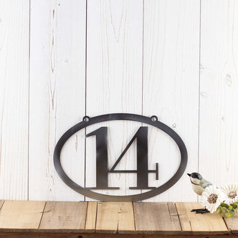 Horizontal oval 2 digit metal house number sign, in raw steel.