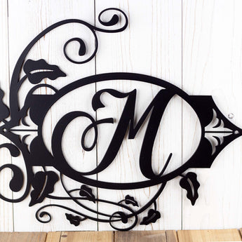 Close up of letter monogram on our metal monogram sign, in matte black powder coat.