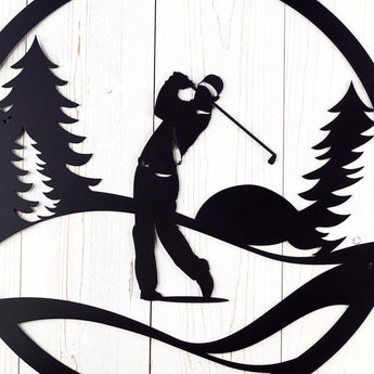 Close up of male golfer on our circular golf metal sign, in matte black powder coat.
