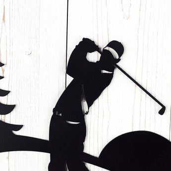 Close up of male golfer on our circular golf metal sign, in matte black powder coat.