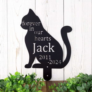 Metal cat garden memorial sign with name and years lived, in matte black powder coat.