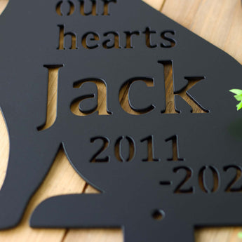 Close up of name on our cat garden metal sign, in matte black powder coat.