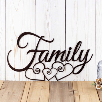 Family script metal sign with three hearts, in copper vein powder coat.