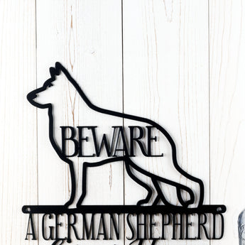 Close up of German Shepherd silhouette on our German Shepherds metal wall decor, in matte black powder coat.