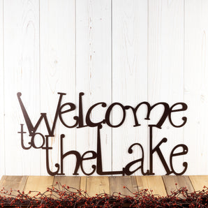 Welcome to the Lake metal wall decor, in copper vein powder coat.