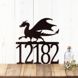 5 digit metal house number sign with a dragon silhouette, in copper vein powder coat.