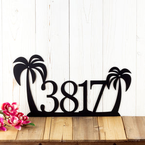 4 digit metal house number metal sign with palm trees, in matte black powder coat.