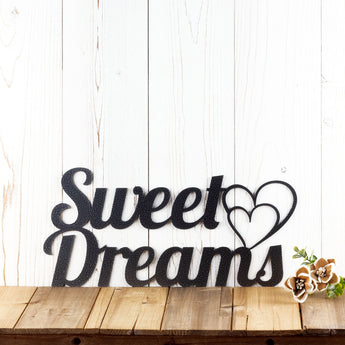 Sweet Dreams metal wall art with hearts, in silver vein powder coat. 