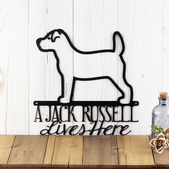 A Jack Russell lives here metal sign, in matte black powder coat.