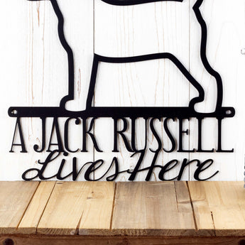 Close up of wording for our Jack Russell metal sign, in matte black powder coat.