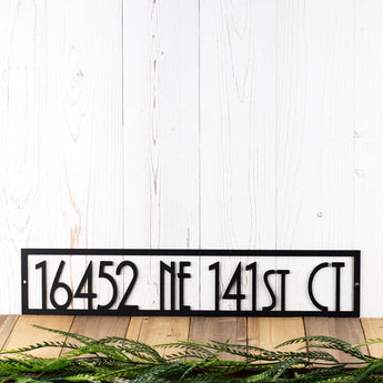 Rectangular modern metal address sign, in matte black powder coat.