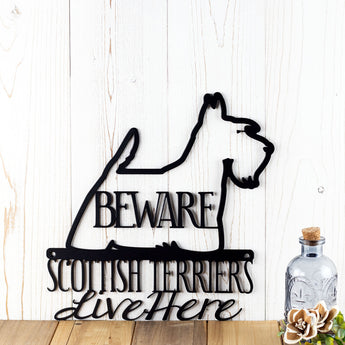 Scottish Terriers Live Here metal wall art, with Beware, in matte black powder coat.