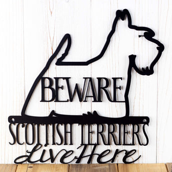 Close up of Scottish Terrier silhouette, with Beware, in matte black powder coat.