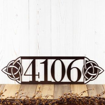 4 digit horizontal metal house number sign with Celtic knots, in copper vein powder coat. 