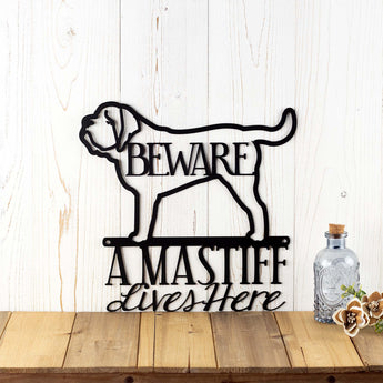 A Mastiff Lives Here metal wall art, with an English Mastiff and Beware, in matte black powder coat.