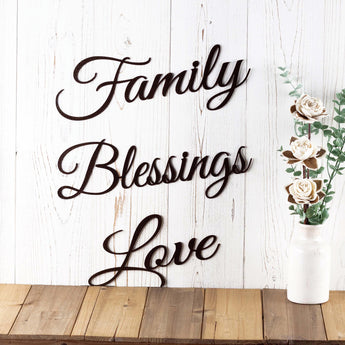 Family Blessings Love script metal signs, in copper vein powder coat.