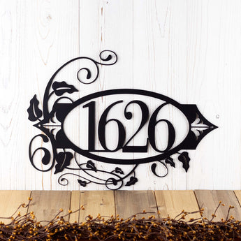 4 Digit metal house number sign with fleur de lis and vines, in matte black powder coat.