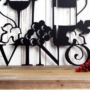 Close up of Vino on our wine metal wall art, in matte black powder coat.