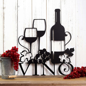 Vino metal wall decor with wine glasses, bottle, and grapes, in matte black powder coat. 