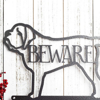Close up of English Mastiff dog silhouette on our English Mastiffs Live Here metal sign, with Beware, in silver vein powder coat.
