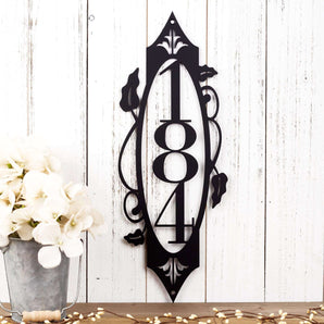 3 digit vertical metal house number sign with vines, in matte black powder coat. 