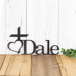 Bereavement custom metal name sign with a cross and heart, in silver vein powder coat.